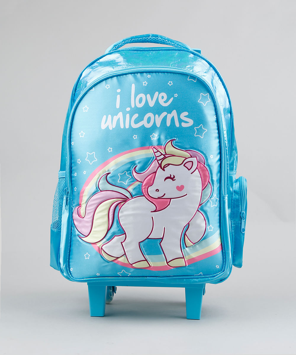 Mochila Escolar Infantil com Rodinhas Unicórnio Azul Claro Menor preço em Mochila Escolar Infantil com Rodinhas Unicórnio Azul Claro
