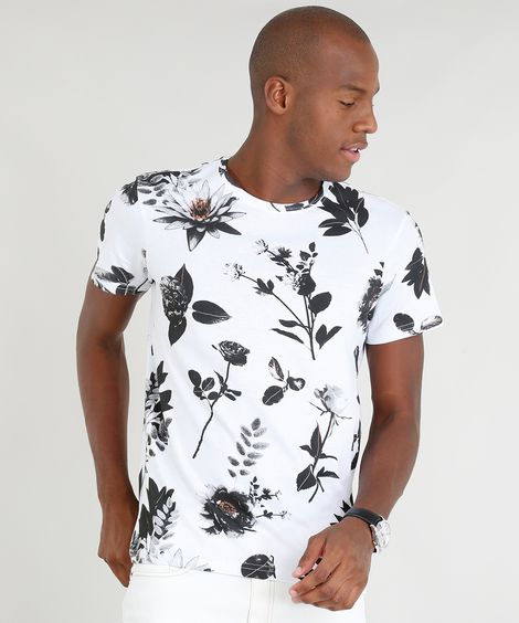 Camiseta Masculina Slim Fit Estampada de Folhas Manga Curta Gola Careca Branca