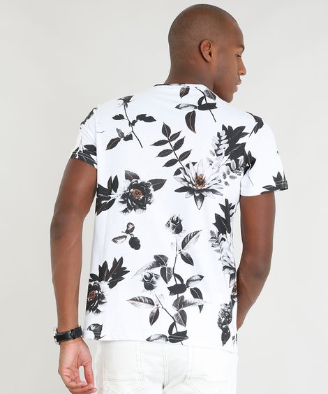 Camiseta Masculina Slim Fit Estampada de Folhas Manga Curta Gola Careca Branca
