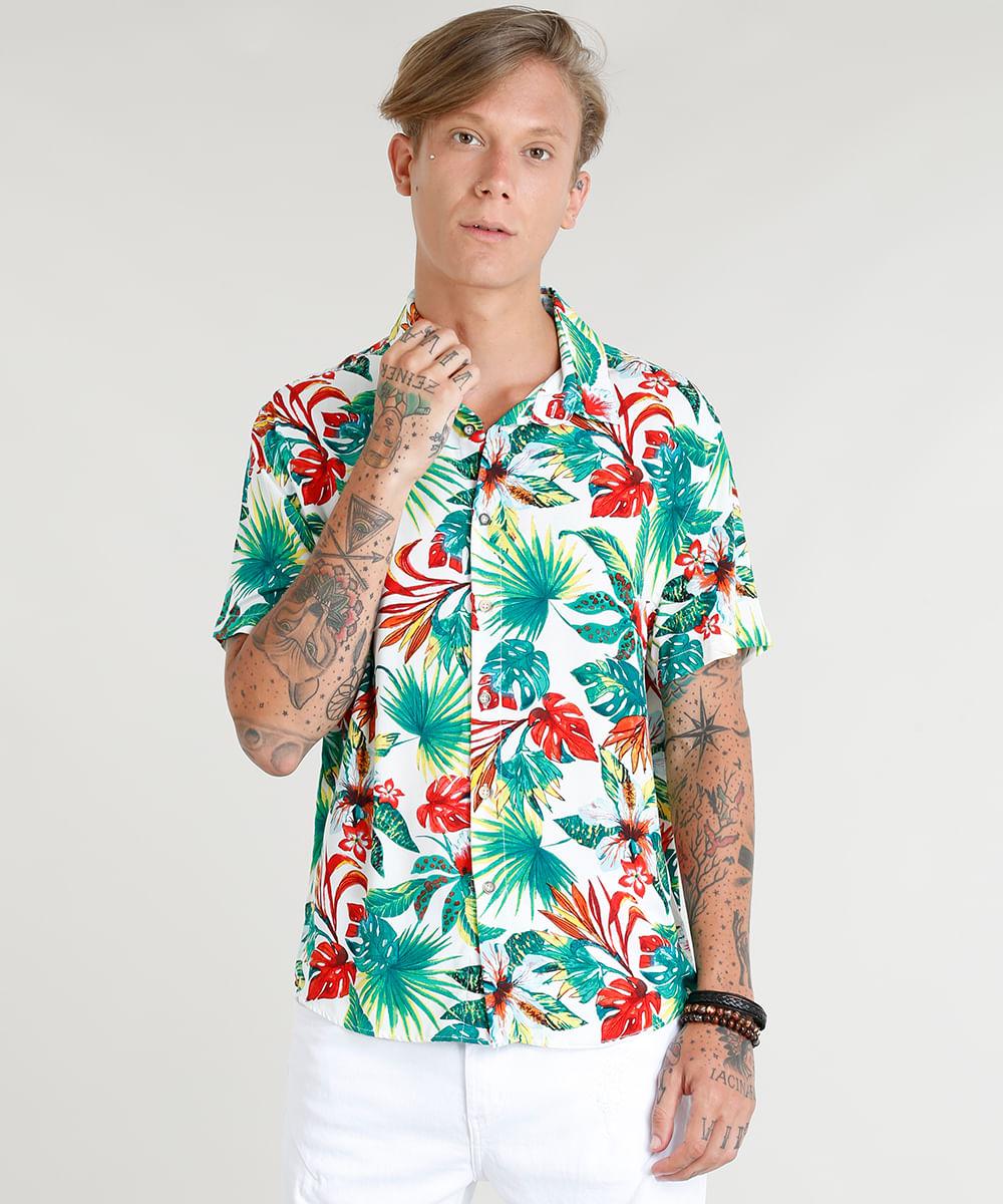 camisa tropical branca