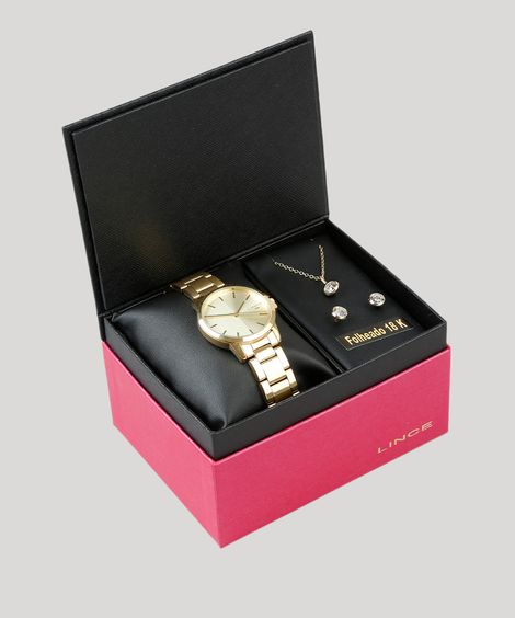 Kit de Relógio Analógico Lince Feminino + Brinco + Colar - LRG4482L KD10C1KX  Dourado