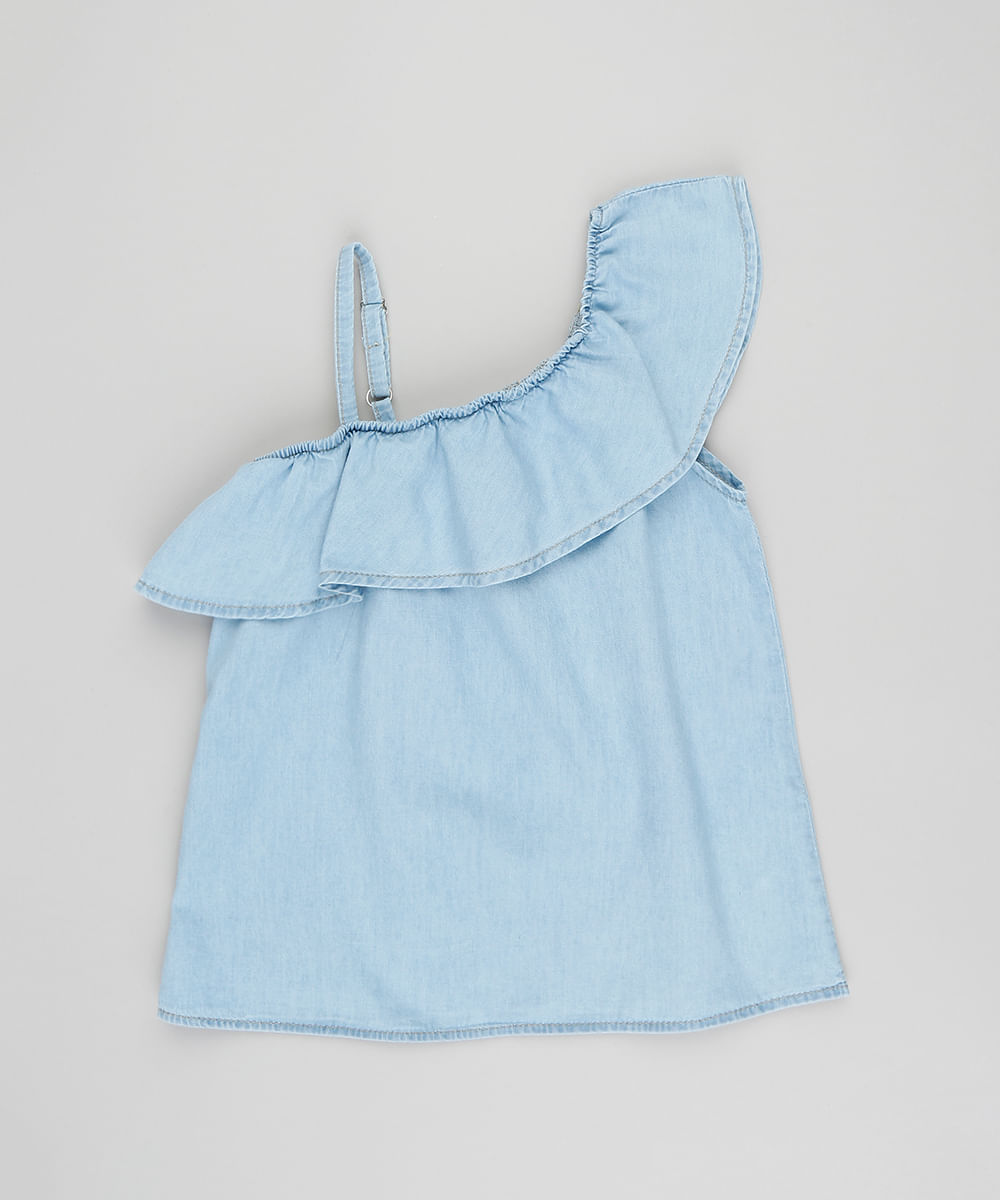 Blusa Jeans Infantil Um Ombro Só com Babado Azul Claro Menor preço em Blusa Jeans Infantil Um Ombro Só com Babado Azul Claro
