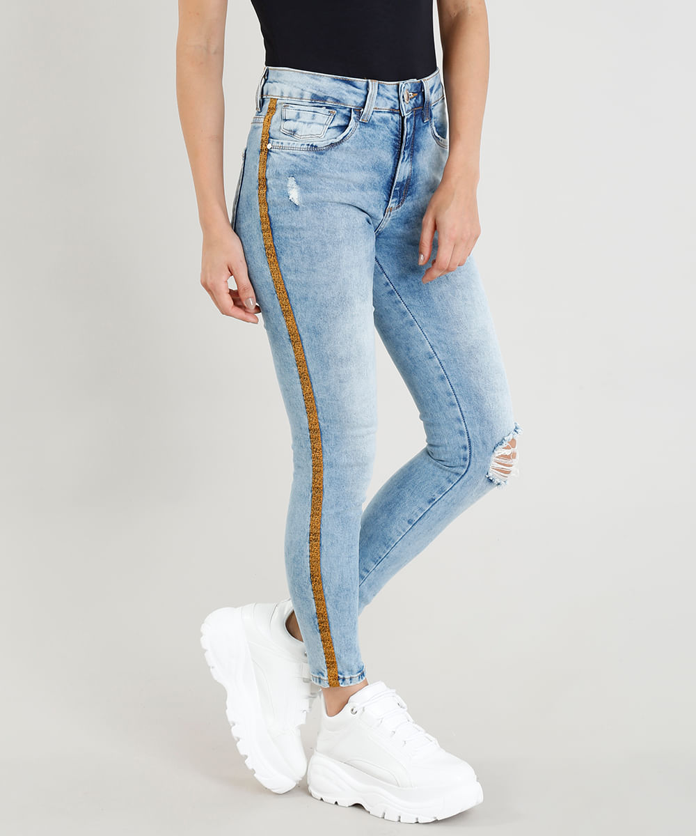 Calça jeans feminina hot sale com faixa lateral