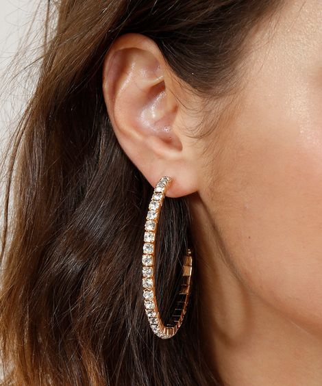 Brinco Feminino de Argola com Strass Dourado