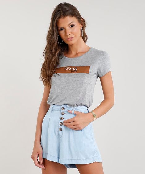 Blusa Feminina "Texas" com Suede Manga Curta Decote Redondo Cinza Mescla