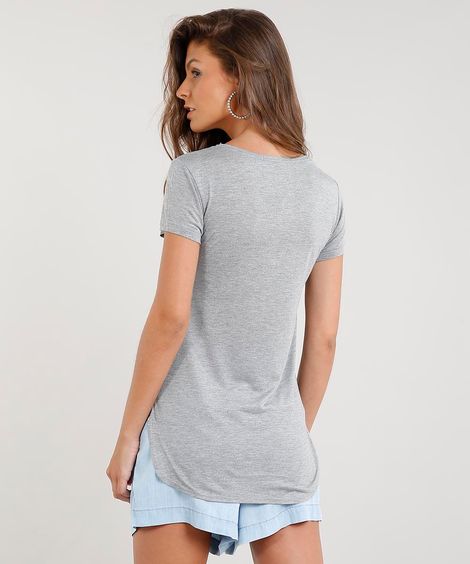 Blusa Feminina "Texas" com Suede Manga Curta Decote Redondo Cinza Mescla
