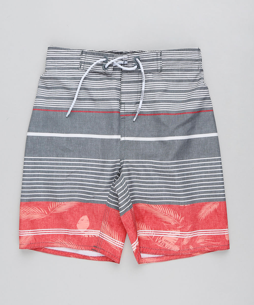 Bermuda Surf Infantil Listrada com Cordão Chumbo Menor preço em Bermuda Surf Infantil Listrada com Cordão Chumbo