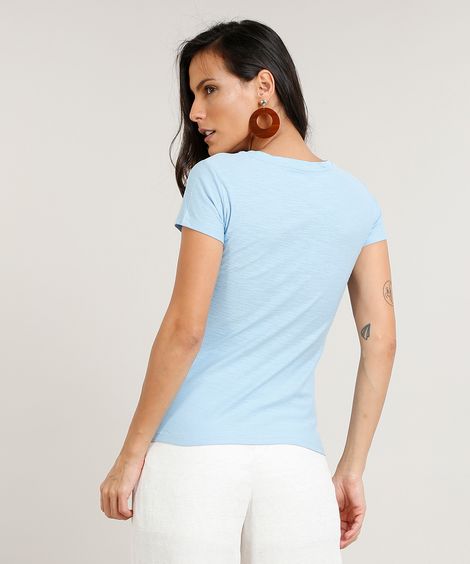 Camiseta Flamê de Algodão Básica Manga Curta Decote V Azul Claro