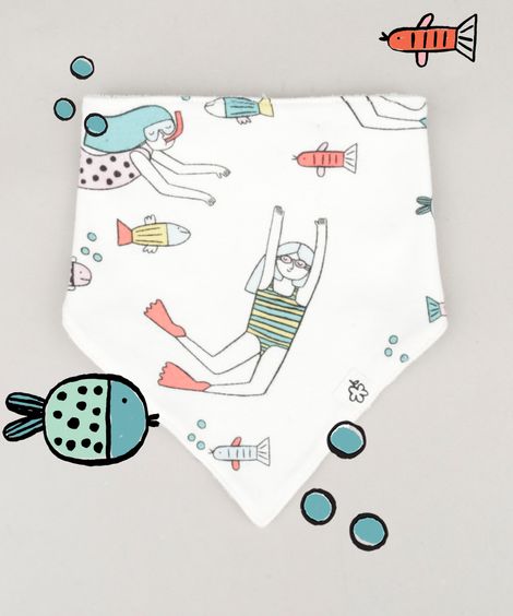 Babador Infantil Fábula Estampado Mergulhadoras Off White
