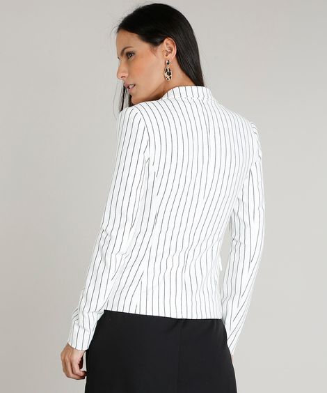 Blazer Feminino Acinturado Listrado com Bolsos Off White