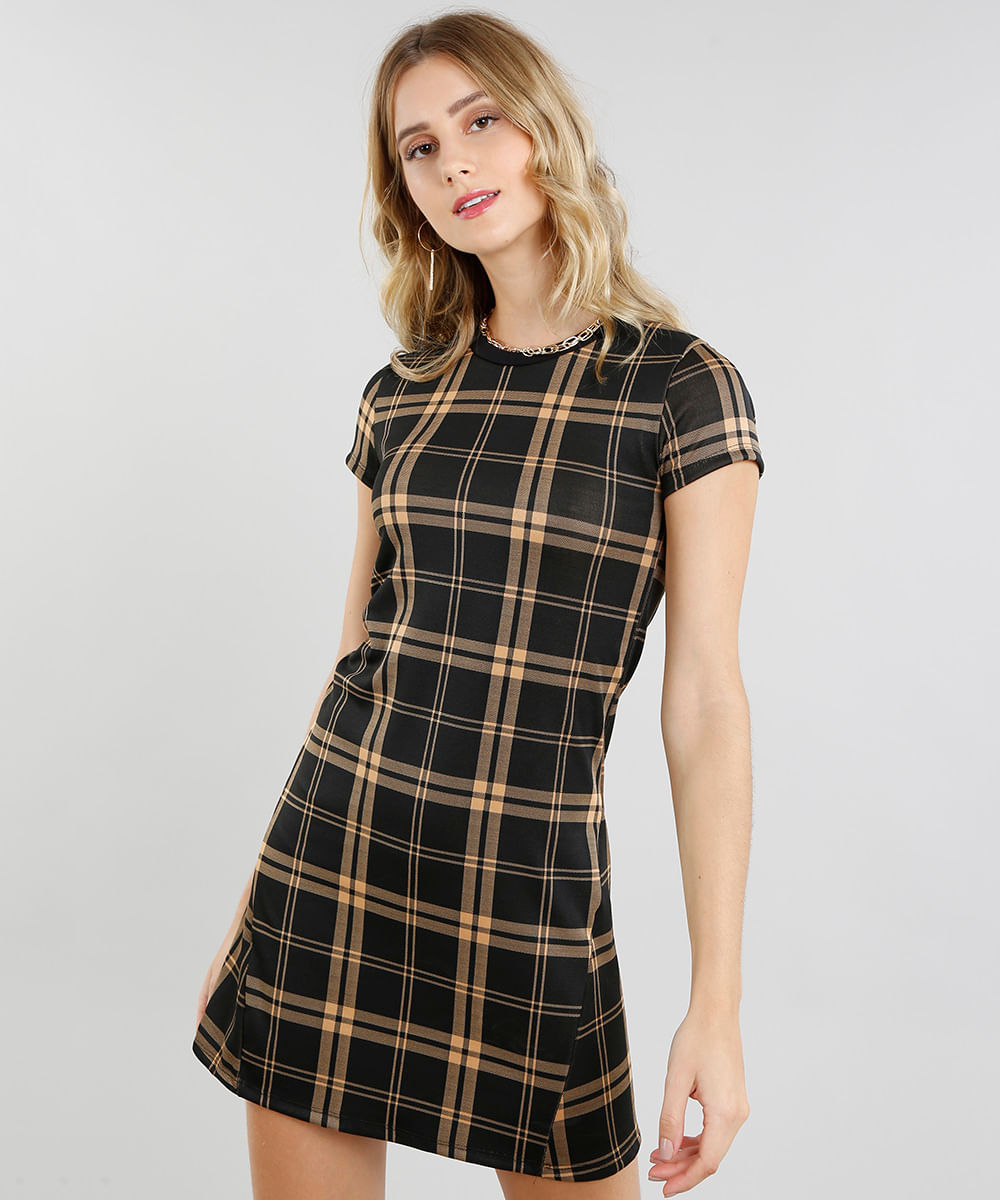 Vestido Feminino Curto Estampado Xadrez Manga Curta Preto Menor preço em Vestido Feminino Curto Estampado Xadrez Manga Curta Preto