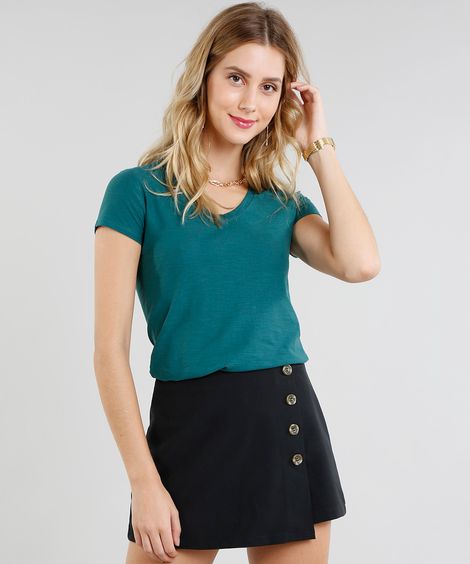 camiseta flamê de algodão básica manga curta decote  verde médio