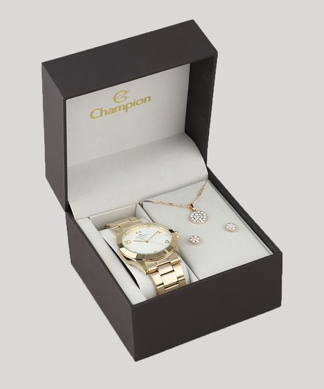 Kit de Relógio Analógico Champion Feminino + Brinco + Colar - CN26911W Dourado