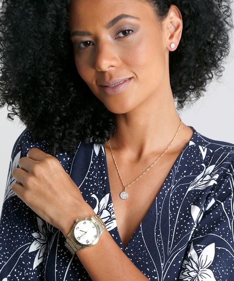 Kit de Relógio Analógico Champion Feminino + Brinco + Colar - CN26911W Dourado