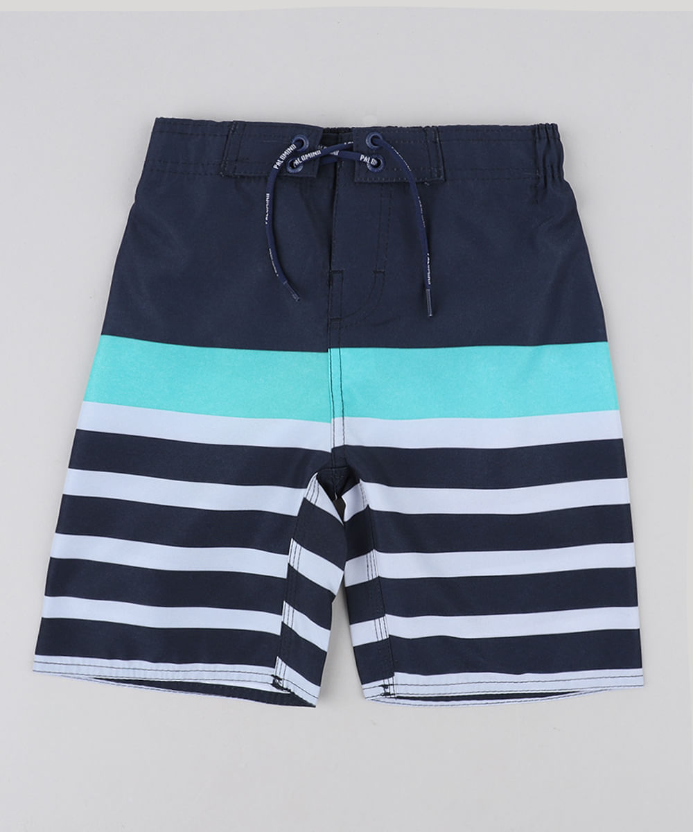 Bermuda Surf Infantil com Listras e Cordão Azul Marinho Menor preço em Bermuda Surf Infantil com Listras e Cordão Azul Marinho