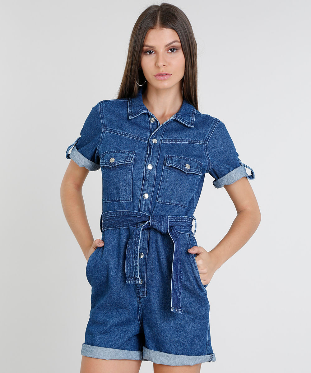 Macaquinho Jeans Feminino com Bolsos Manga Curta Azul Médio Menor preço em Macaquinho Jeans Feminino com Bolsos Manga Curta Azul Médio