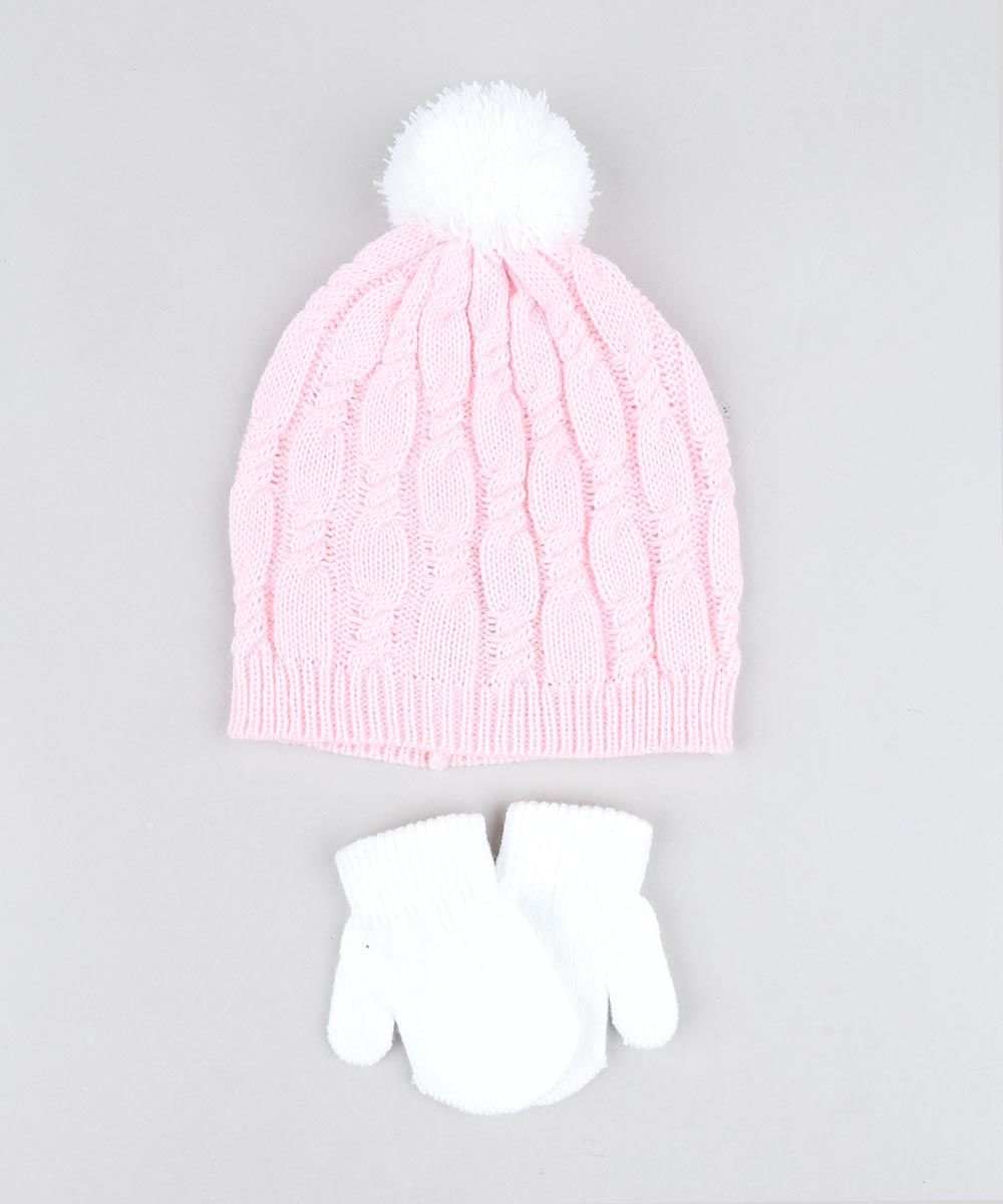 Kit-de-Gorro-Infantil-com-Pompom---Luva-em-Trico-Rosa-Claro-9358238-Rosa_Claro_1