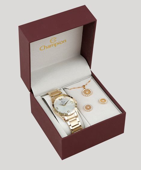 Kit de Relógio Analógico Champion Feminino + Brinco + Colar - CN26055W Dourado