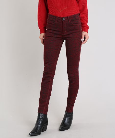 Calça de Sarja Feminina Skinny Estampada Animal Print Vinho