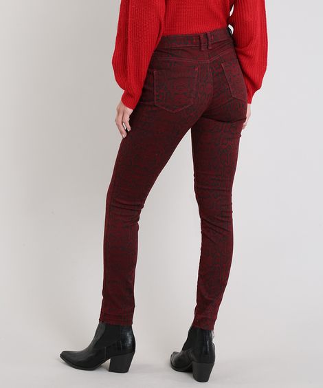 Calça de Sarja Feminina Skinny Estampada Animal Print Vinho