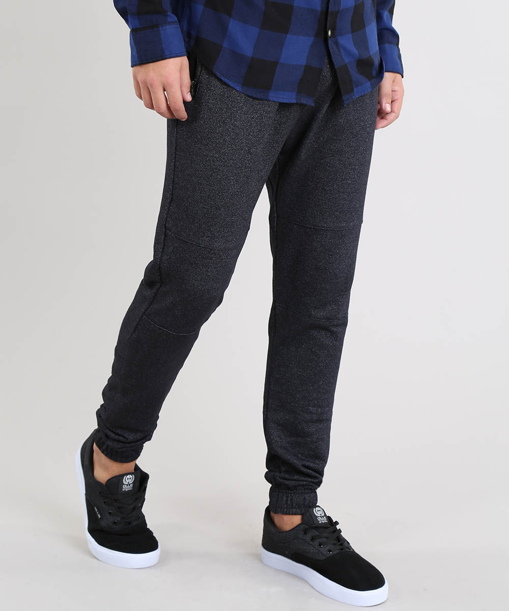 Calça Masculina Jogger em Moletom com Recortes Preta Menor preço em Calça Masculina Jogger em Moletom com Recortes Preta