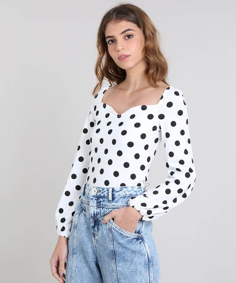 Blusa Feminina Mindset Estampa Poá com Decote Princesa Manga Longa Branca