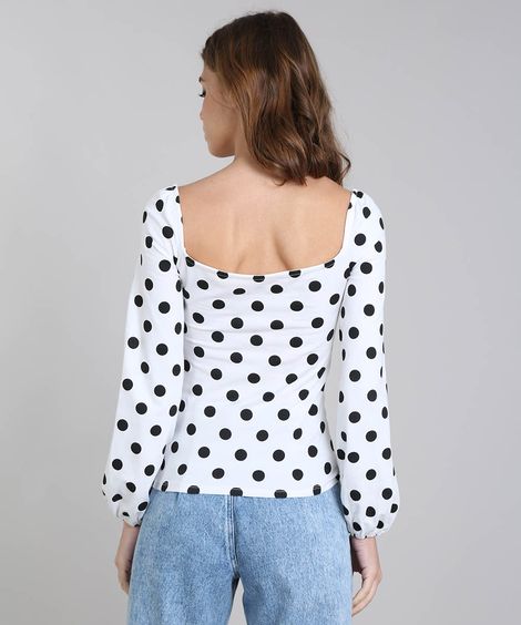 Blusa Feminina Mindset Estampa Poá com Decote Princesa Manga Longa Branca