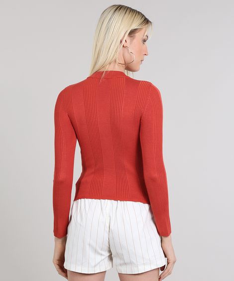 suéter básico de tricot canelado - terracota