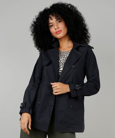 Casaco Trench Coat Feminino com Capuz Removível Preto