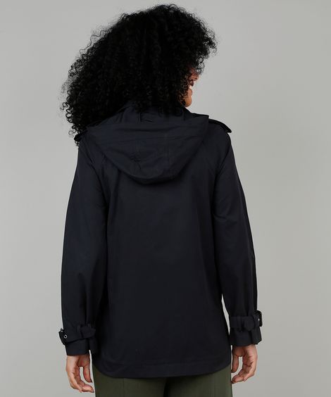 Casaco Trench Coat Feminino com Capuz Removível Preto