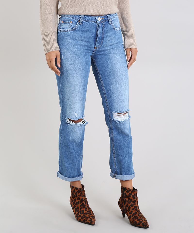 Calca-Jeans-Feminina-Reta-Destroyed-com-Botoes-Azul-Medio-9589550-Azul_Medio_1