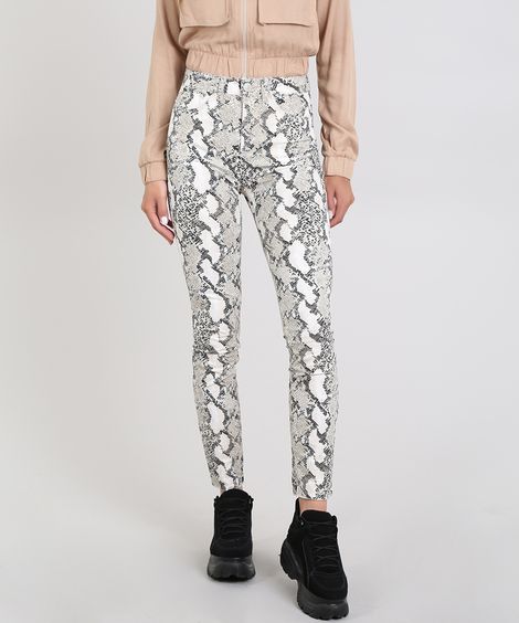 Calça de Sarja Feminina Skinny Estampada Animal Print Bege Claro