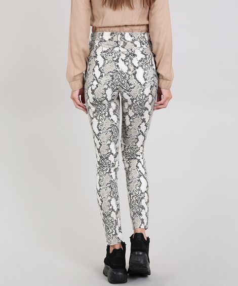 Calça de Sarja Feminina Skinny Estampada Animal Print Bege Claro