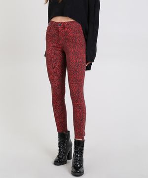 Calça de Sarja Feminina Cigarrete Estampada Animal Print Vermelha