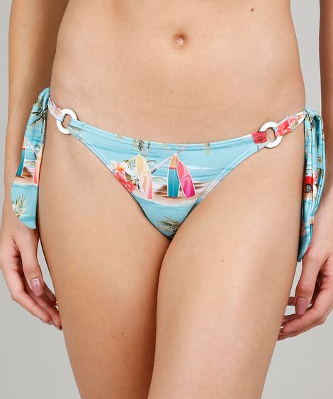 Biquíni Calcinha Tanga Estampada Tropical Proteção UV50+ Azul Claro